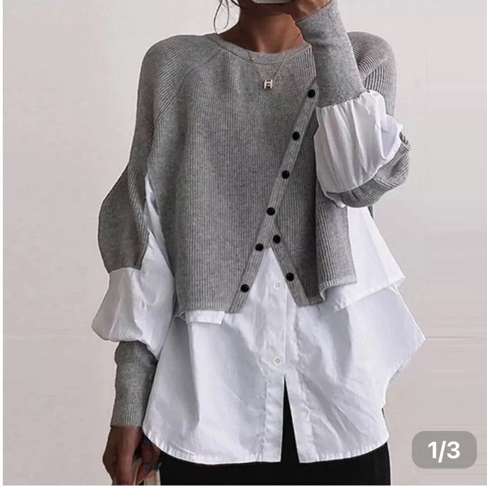 Gray and White Women's Crew Neck Sweater